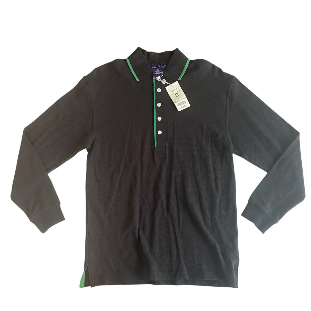 NWT Hunt Club Men's Size S 100% Cotton BLack Long Sleeve Polo Green Trim ONS VTG